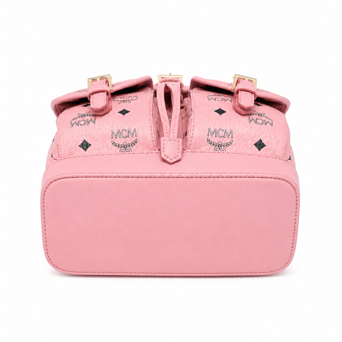 MCM Aren series mini drawstring chain bag in cherry blossom pink with flap drawstring a stylish mini backpack/travel bag for women perfect for commuting or outings