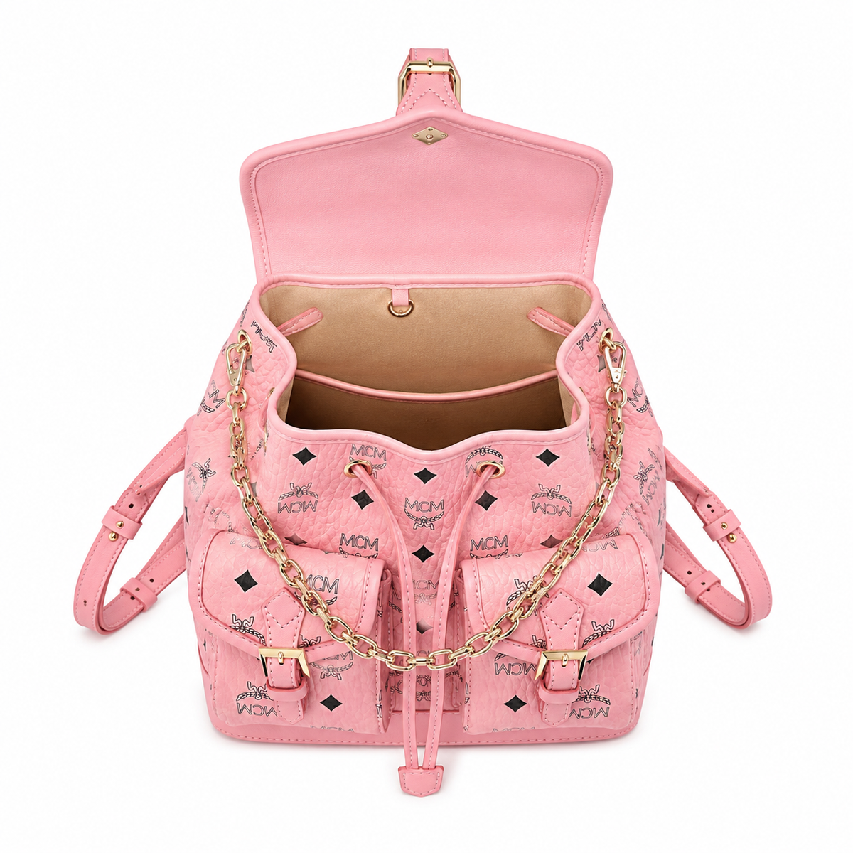 MCM Aren series mini drawstring chain bag in cherry blossom pink with flap drawstring a stylish mini backpack/travel bag for women perfect for commuting or outings