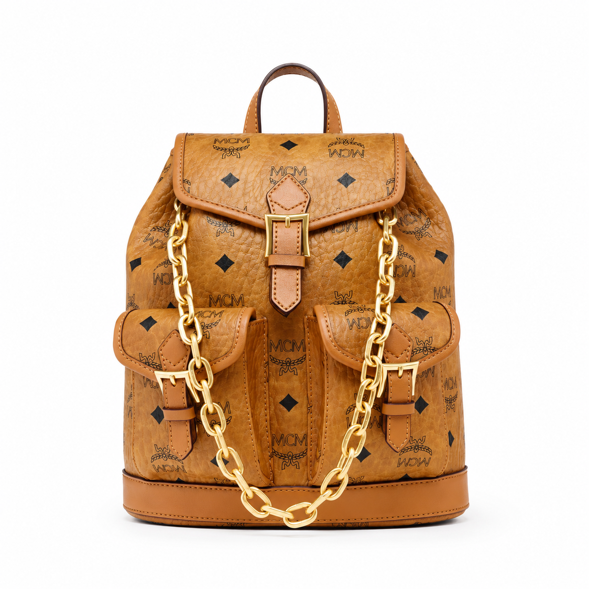 MCM Aren Series Mini Drawstring Chain Bag in Cognac Brown with Flap Drawstring a stylish mini backpack/travel bag for women perfect for commuting or outings