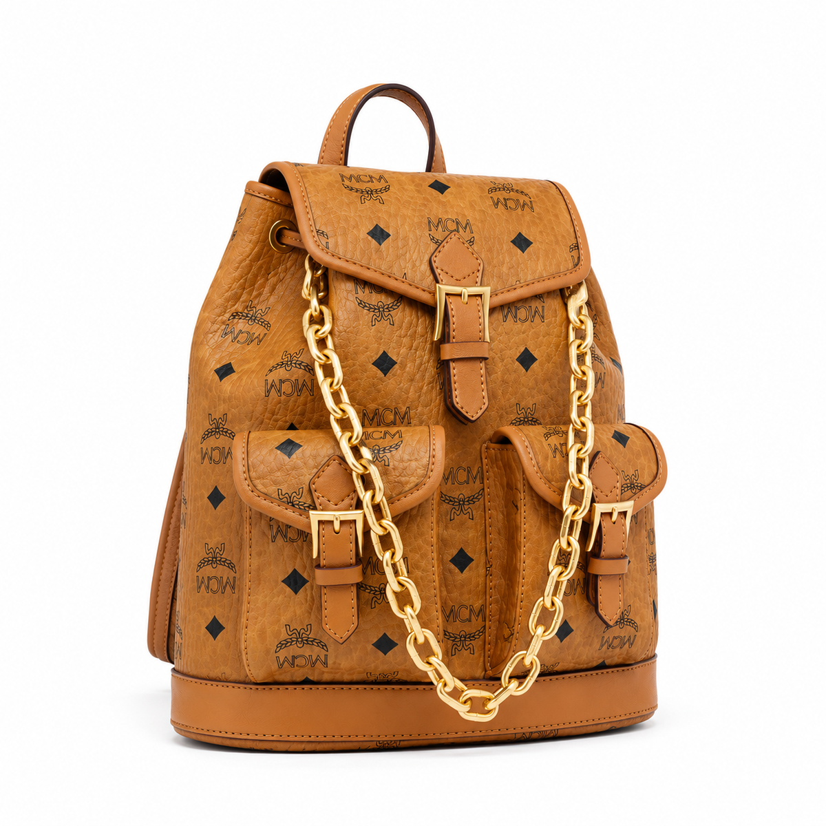 MCM Aren Series Mini Drawstring Chain Bag in Cognac Brown with Flap Drawstring a stylish mini backpack/travel bag for women perfect for commuting or outings