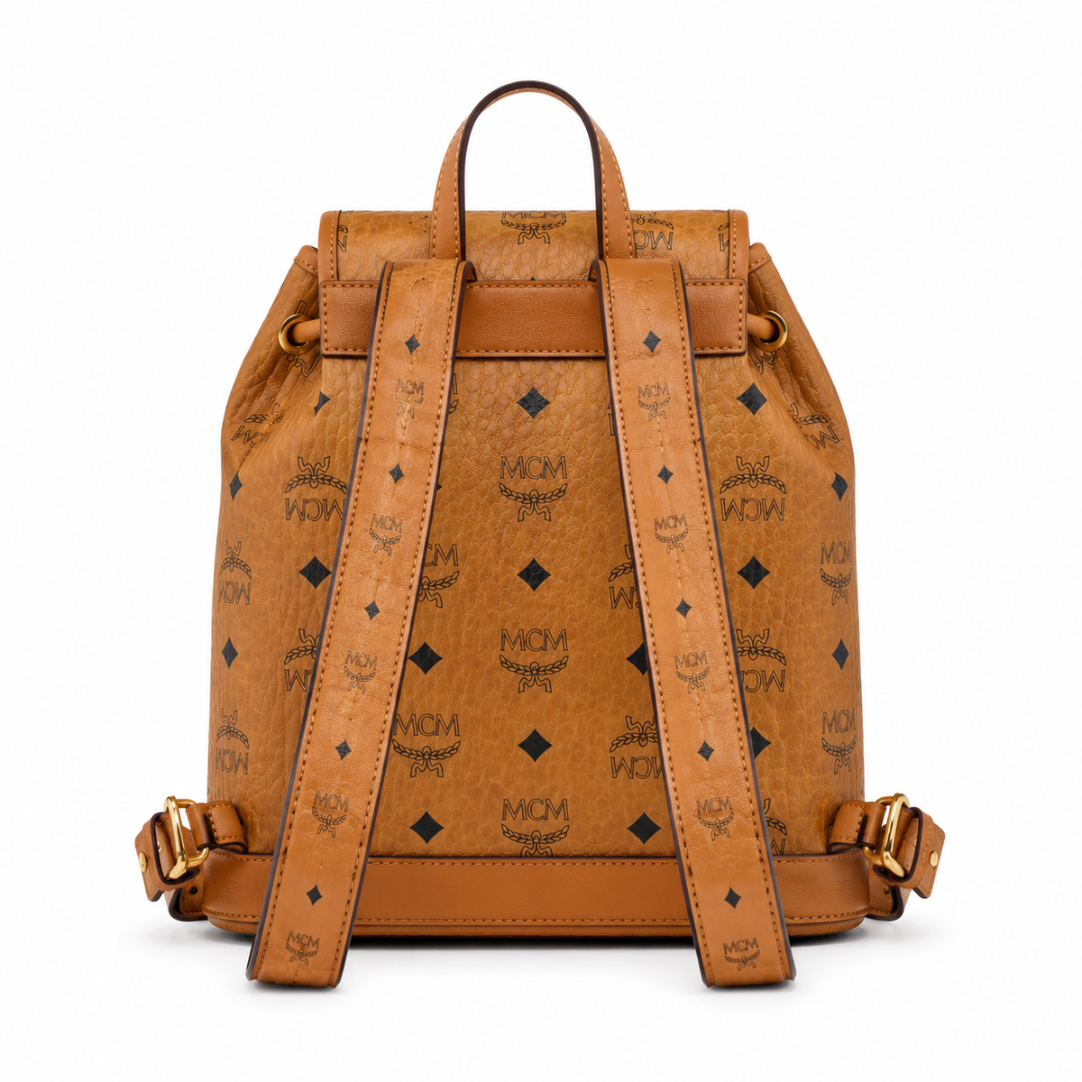MCM Aren Series Mini Drawstring Chain Bag in Cognac Brown with Flap Drawstring a stylish mini backpack/travel bag for women perfect for commuting or outings