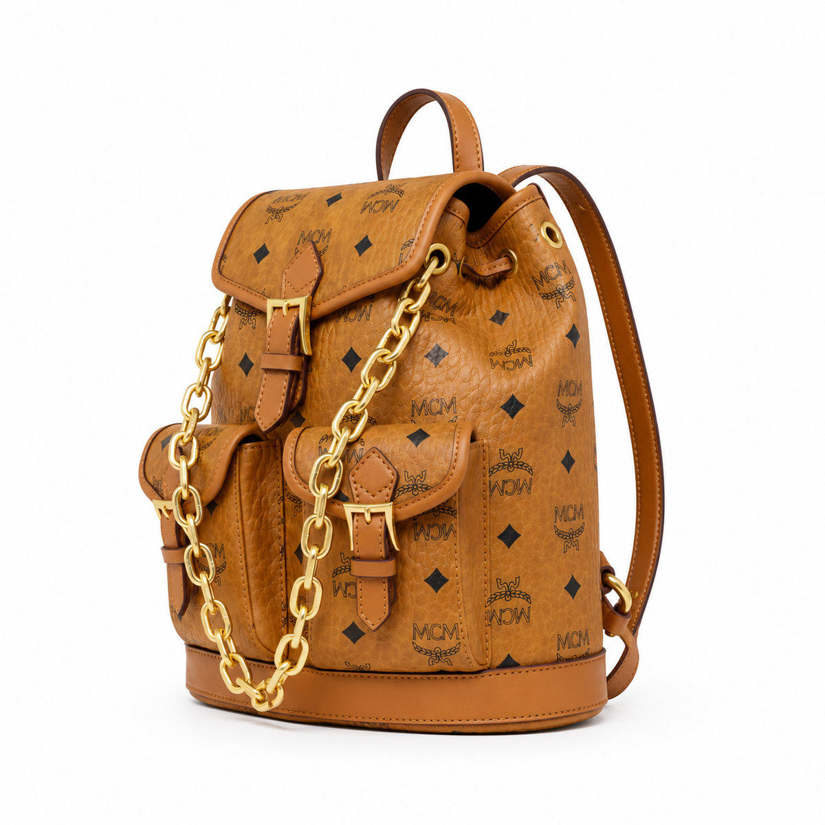 MCM Aren Series Mini Drawstring Chain Bag in Cognac Brown with Flap Drawstring a stylish mini backpack/travel bag for women perfect for commuting or outings
