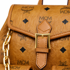 MCM Aren Series Mini Drawstring Chain Bag in Cognac Brown with Flap Drawstring a stylish mini backpack/travel bag for women perfect for commuting or outings