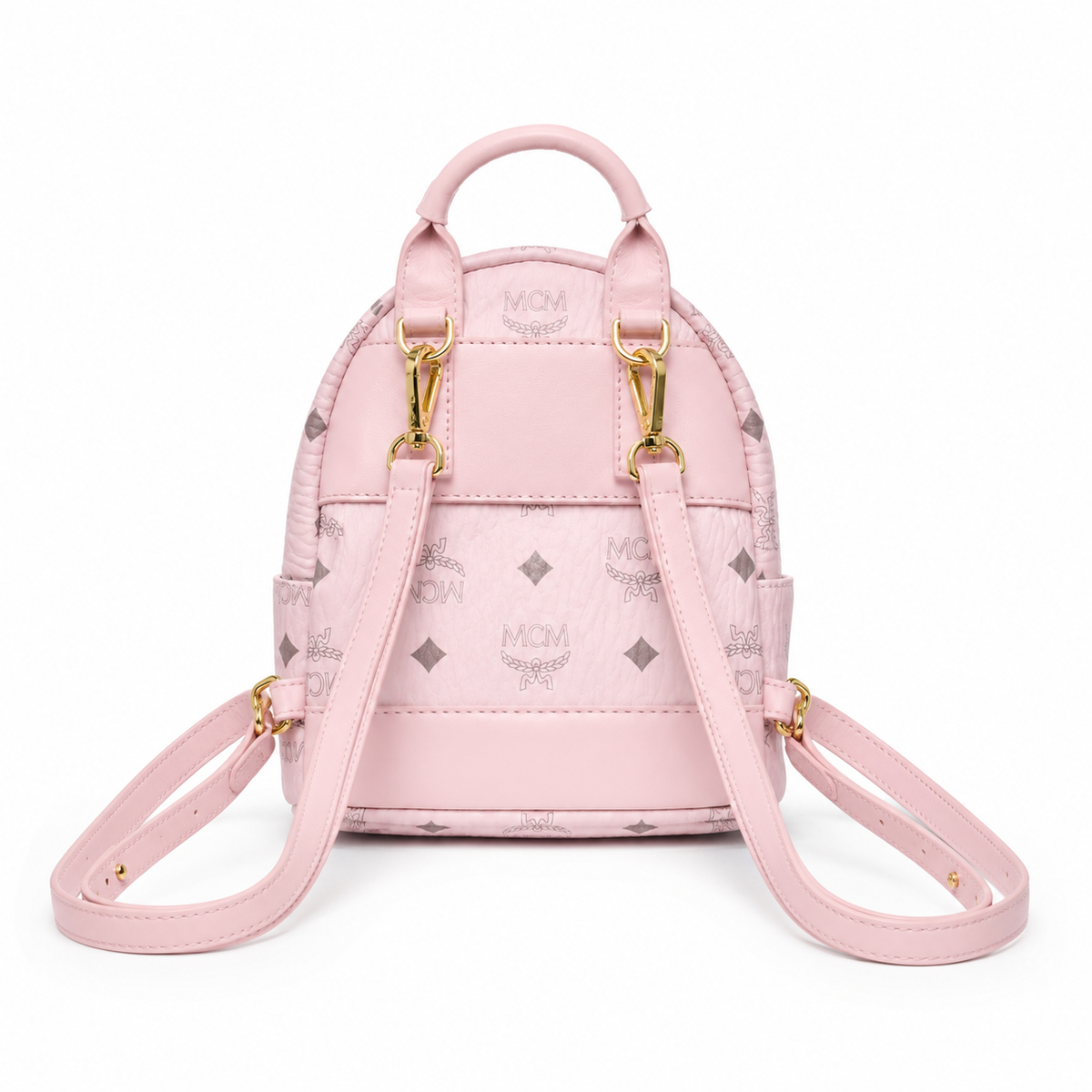 MCM Stark series ultra-mini Visetos print soft pink bag with side studs and a detachable shoulder strap a stylish mini backpack/crossbody bag for women perfect for commuting or outings