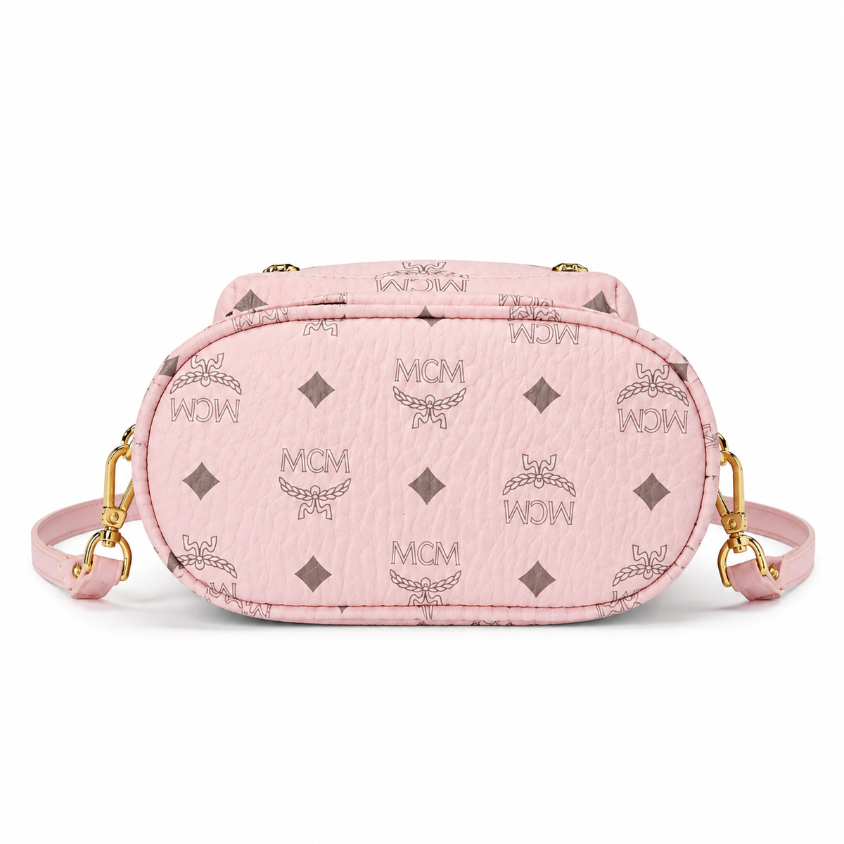 MCM Stark series ultra-mini Visetos print soft pink bag with side studs and a detachable shoulder strap a stylish mini backpack/crossbody bag for women perfect for commuting or outings