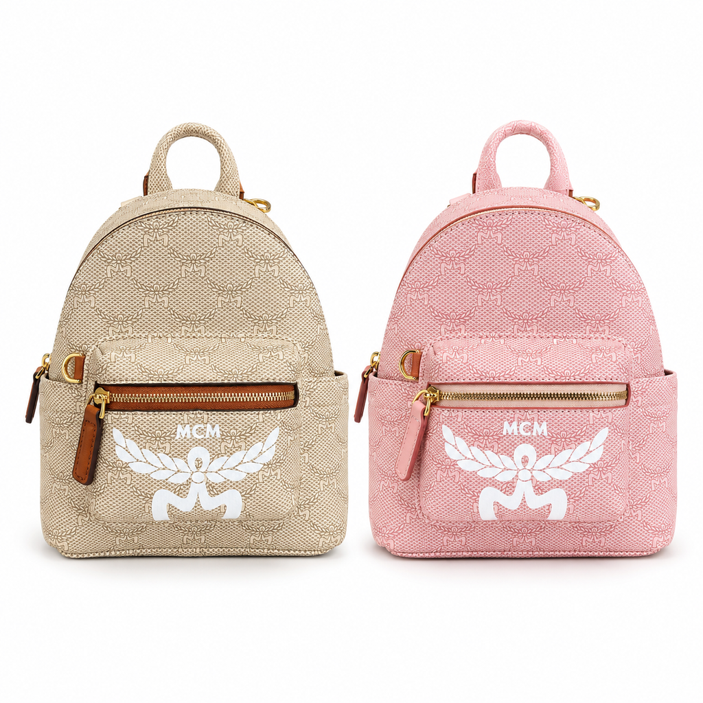 MCM Lauretos Stark Bebe Boo Collection Soft pink with white laurel leaves and gold zippers a stylish mini backpack/crossbody bag for women perfect for commuting or outings
