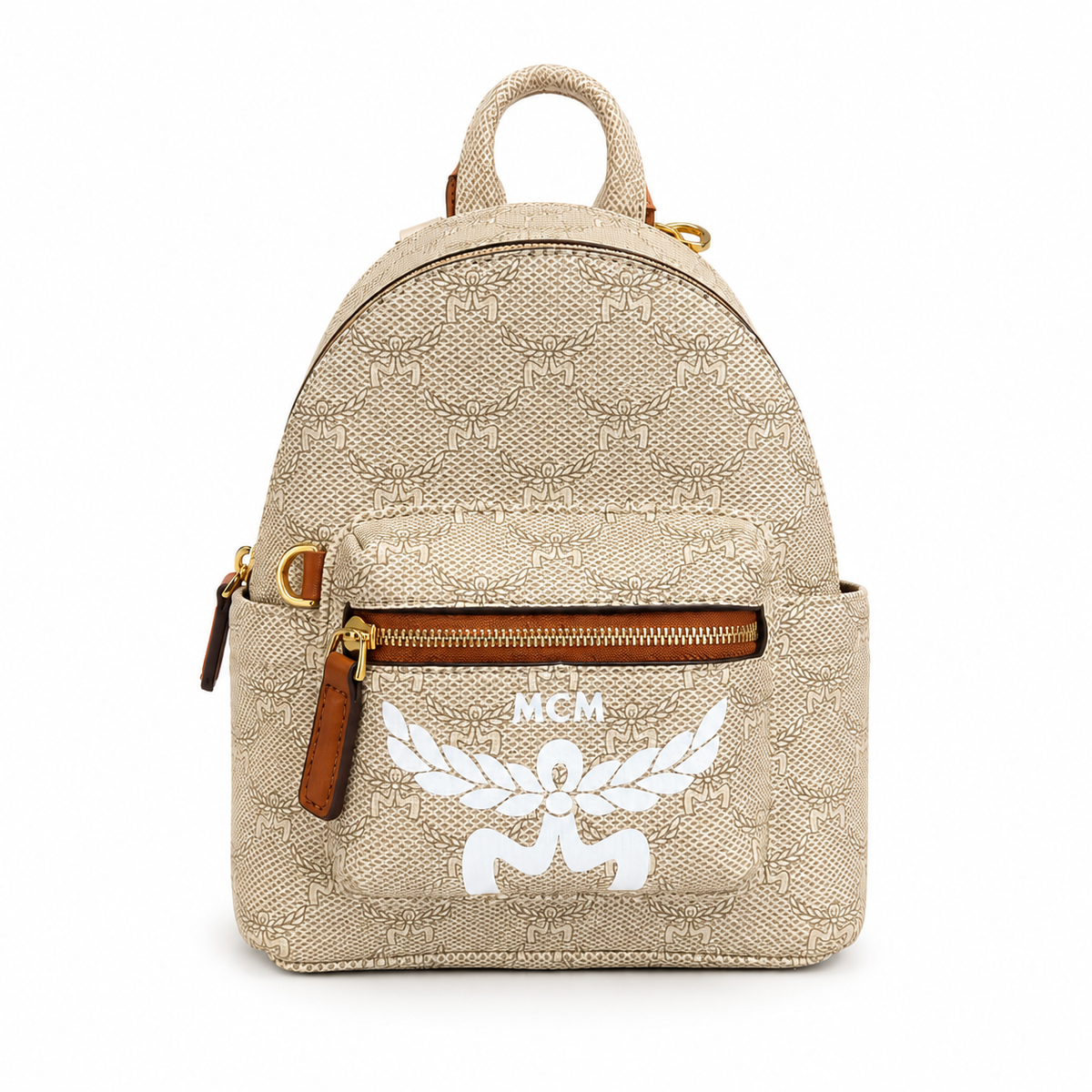 MCM Lauretos Stark Bebe Boo Collection Soft pink with white laurel leaves and gold zippers a stylish mini backpack/crossbody bag for women perfect for commuting or outings