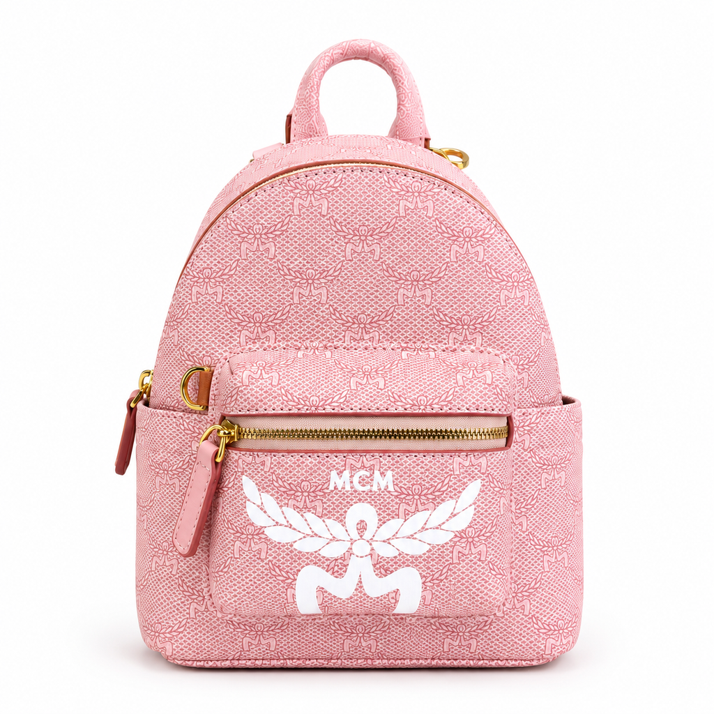 MCM Lauretos Stark Bebe Boo Collection Soft pink with white laurel leaves and gold zippers a stylish mini backpack/crossbody bag for women perfect for commuting or outings