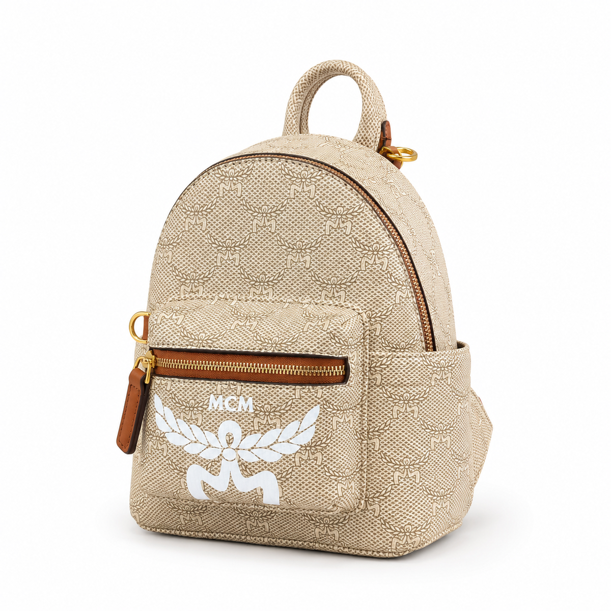 MCM Lauretos Stark Bebe Boo Collection Soft pink with white laurel leaves and gold zippers a stylish mini backpack/crossbody bag for women perfect for commuting or outings