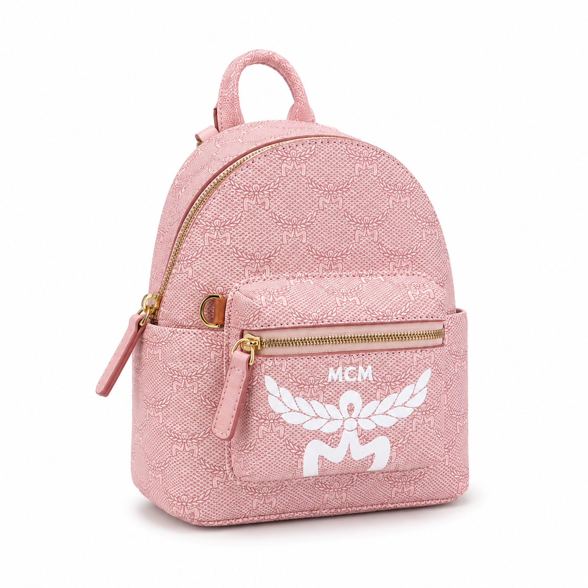 MCM Lauretos Stark Bebe Boo Collection Soft pink with white laurel leaves and gold zippers a stylish mini backpack/crossbody bag for women perfect for commuting or outings