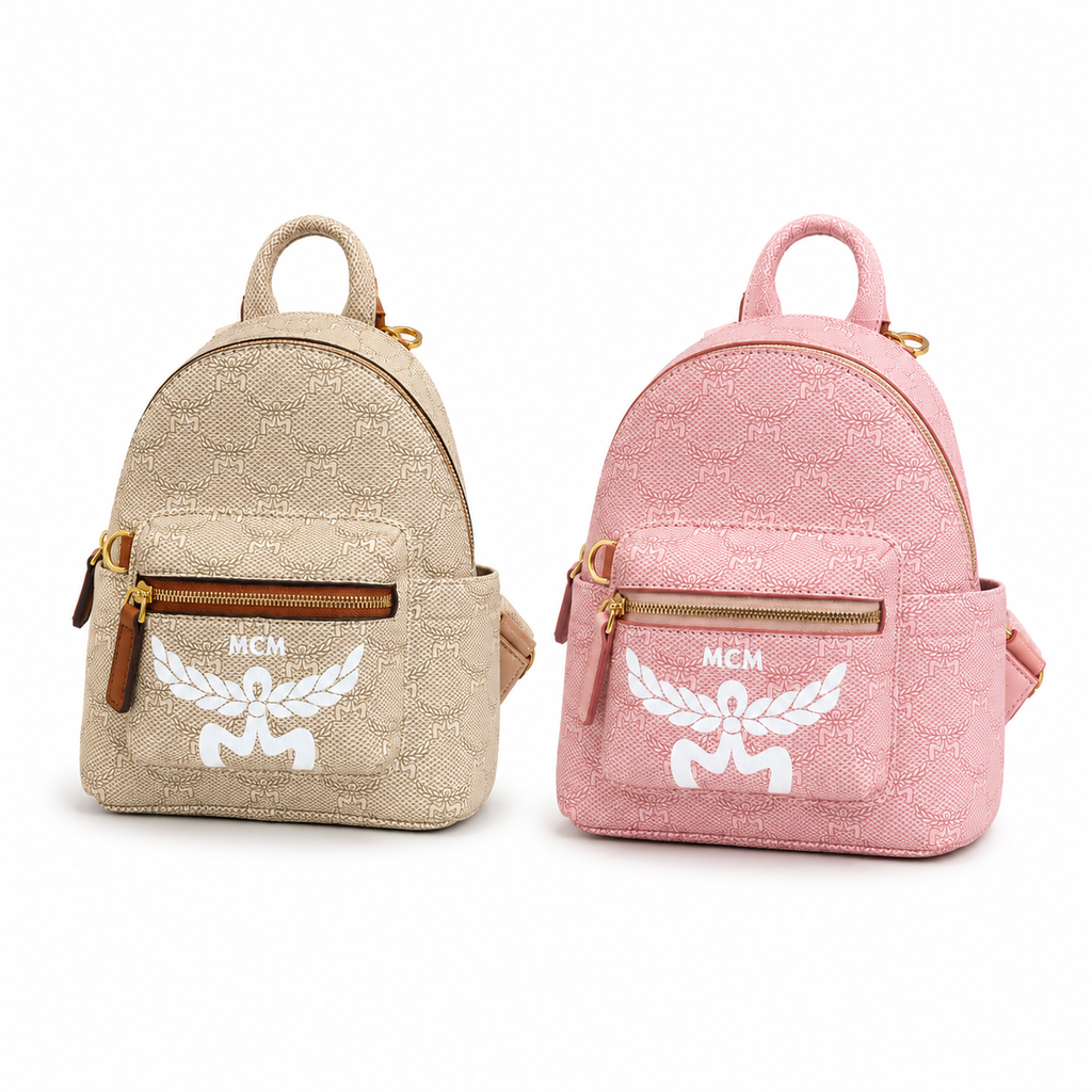 MCM Lauretos Stark Bebe Boo Collection Soft pink with white laurel leaves and gold zippers a stylish mini backpack/crossbody bag for women perfect for commuting or outings