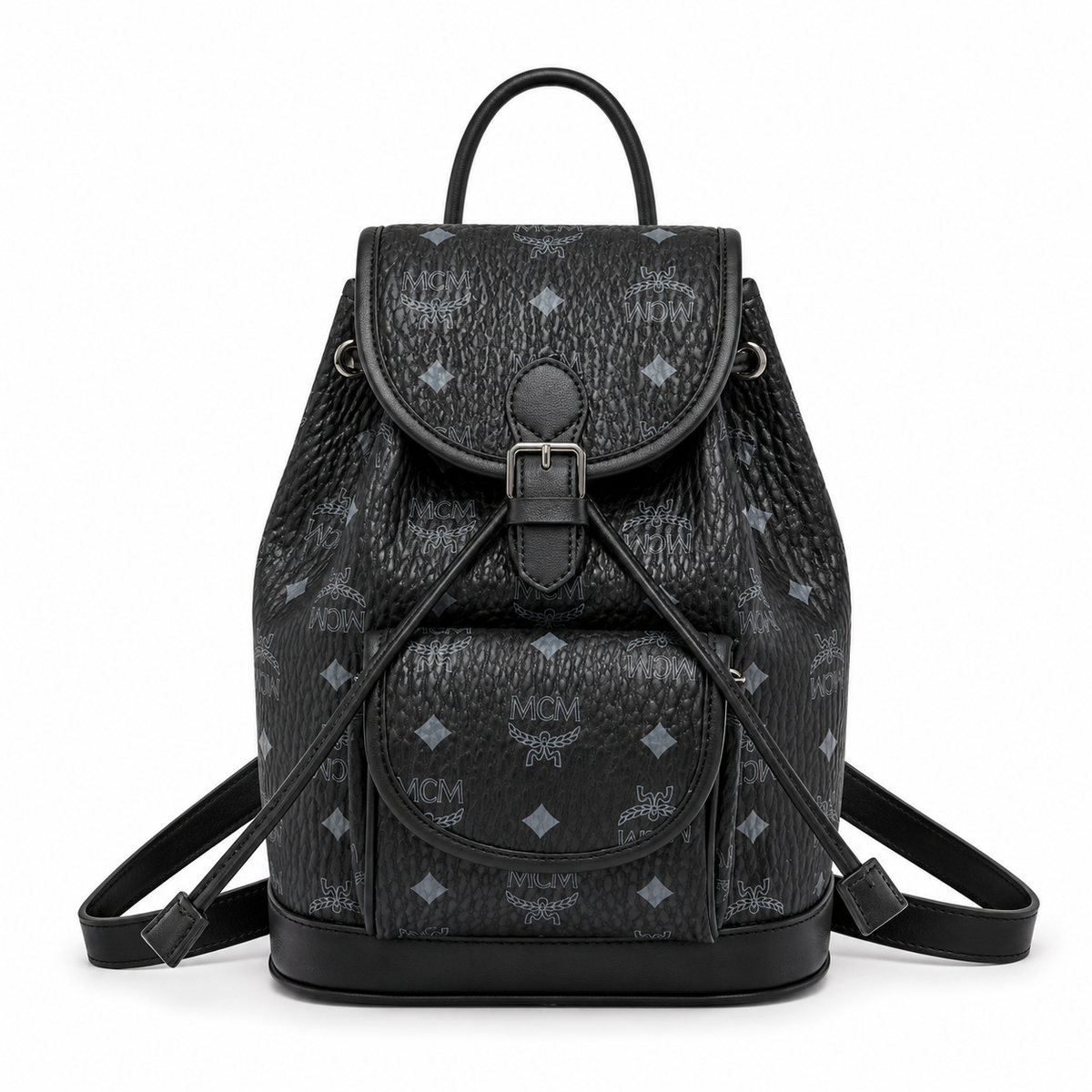 MCM Aren series mini black flap drawstring bag with front pocket, unisex large capacity commuter/travel bag.