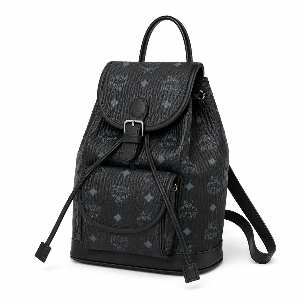 MCM Aren series mini black flap drawstring bag with front pocket, unisex large capacity commuter/travel bag.