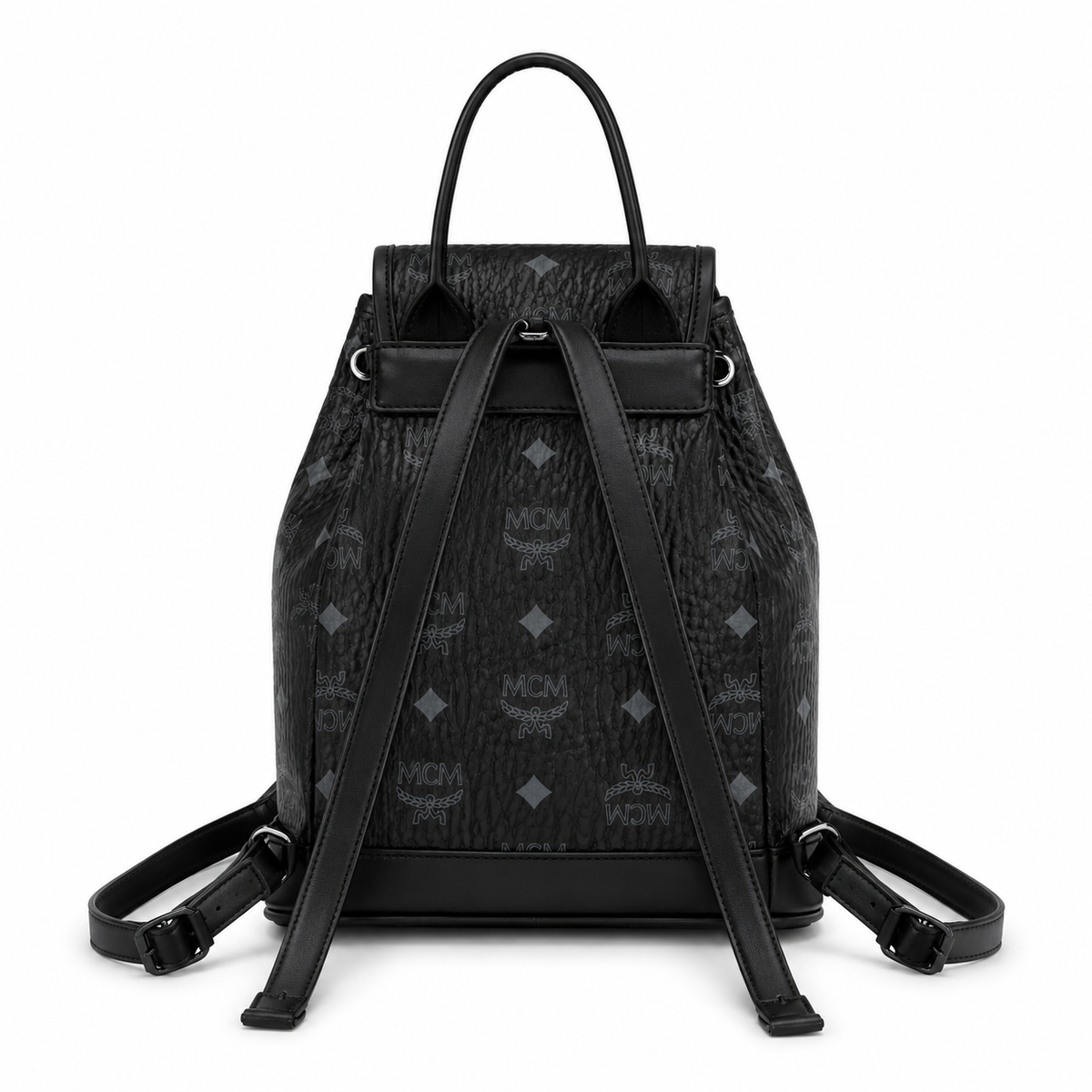 MCM Aren series mini black flap drawstring bag with front pocket, unisex large capacity commuter/travel bag.