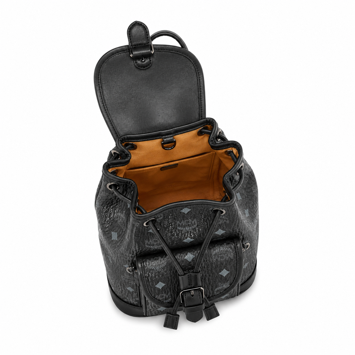 MCM Aren series mini black flap drawstring bag with front pocket, unisex large capacity commuter/travel bag.