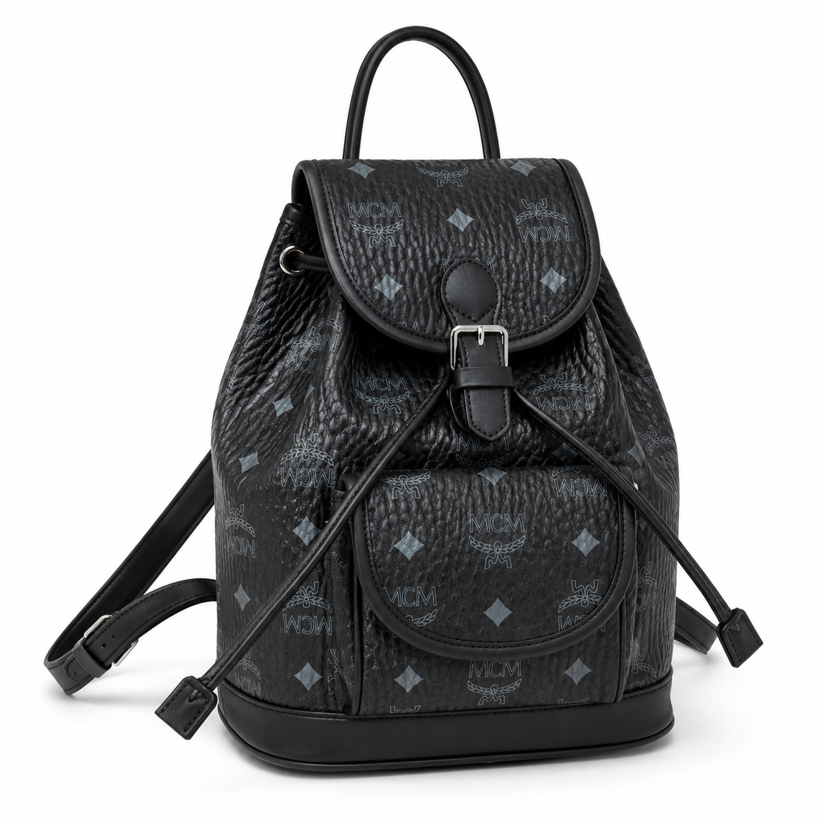MCM Aren series mini black flap drawstring bag with front pocket, unisex large capacity commuter/travel bag.