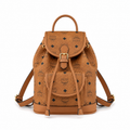 MCM Aren series mini cognac brown monogram canvas bag with flap drawstring and front pocket unisex large-capacity commuter/travel bag