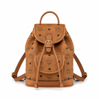 MCM Aren series mini cognac brown monogram canvas bag with flap drawstring and front pocket unisex large-capacity commuter/travel bag