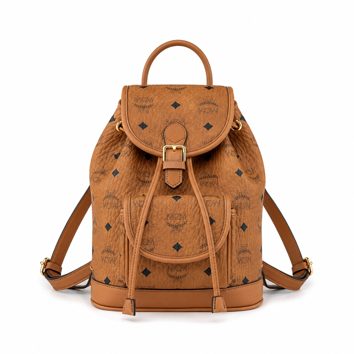 MCM Aren series mini cognac brown monogram canvas bag with flap drawstring and front pocket unisex large-capacity commuter/travel bag