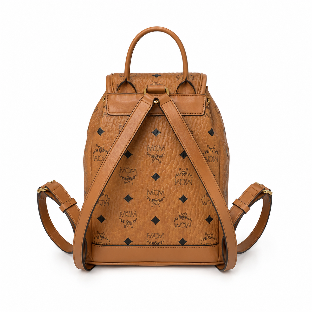MCM Aren series mini cognac brown monogram canvas bag with flap drawstring and front pocket unisex large-capacity commuter/travel bag