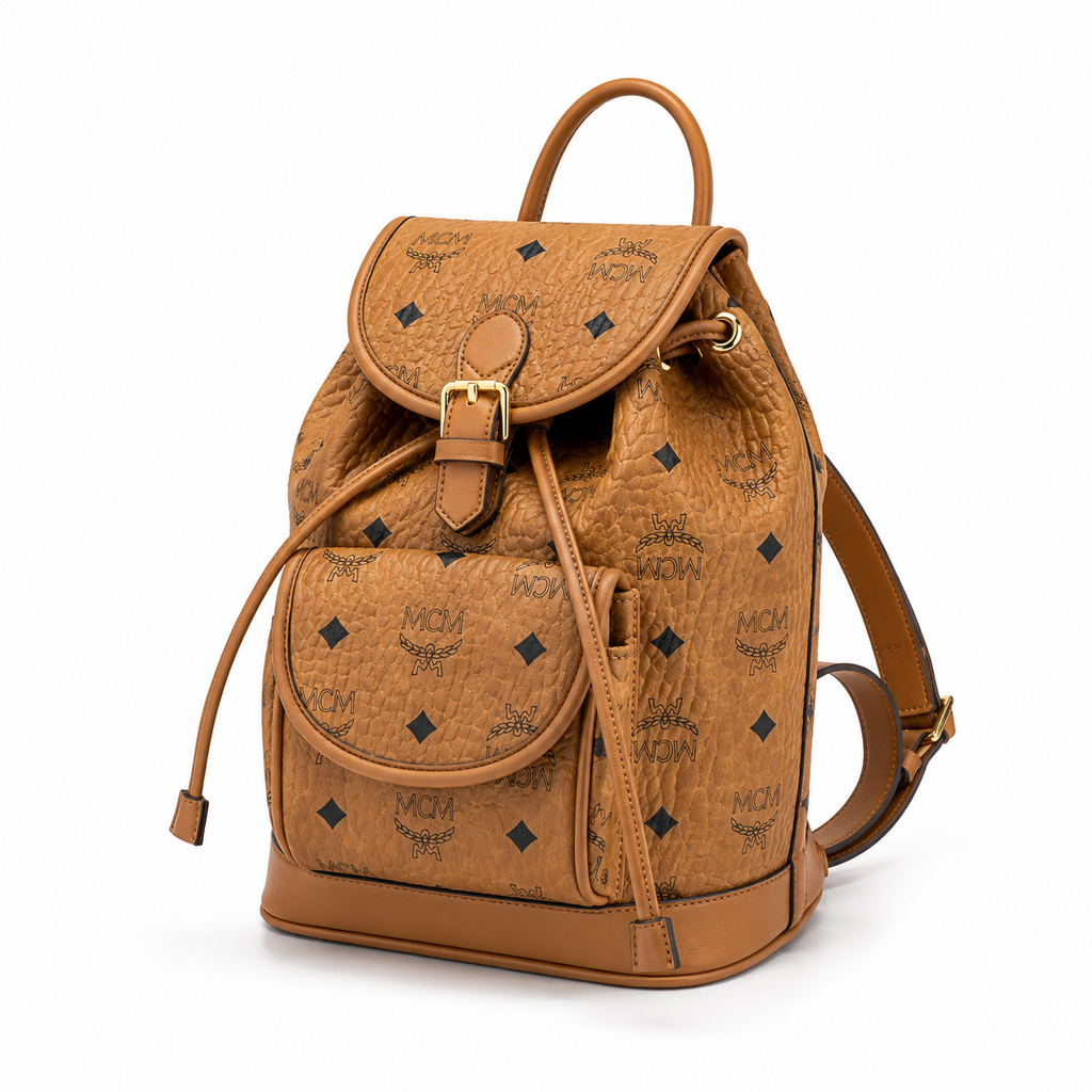 MCM Aren series mini cognac brown monogram canvas bag with flap drawstring and front pocket unisex large-capacity commuter/travel bag