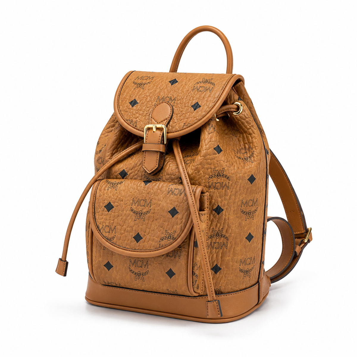 MCM Aren series mini cognac brown monogram canvas bag with flap drawstring and front pocket unisex large-capacity commuter/travel bag