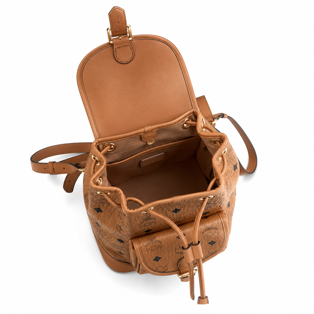 MCM Aren series mini cognac brown monogram canvas bag with flap drawstring and front pocket unisex large-capacity commuter/travel bag