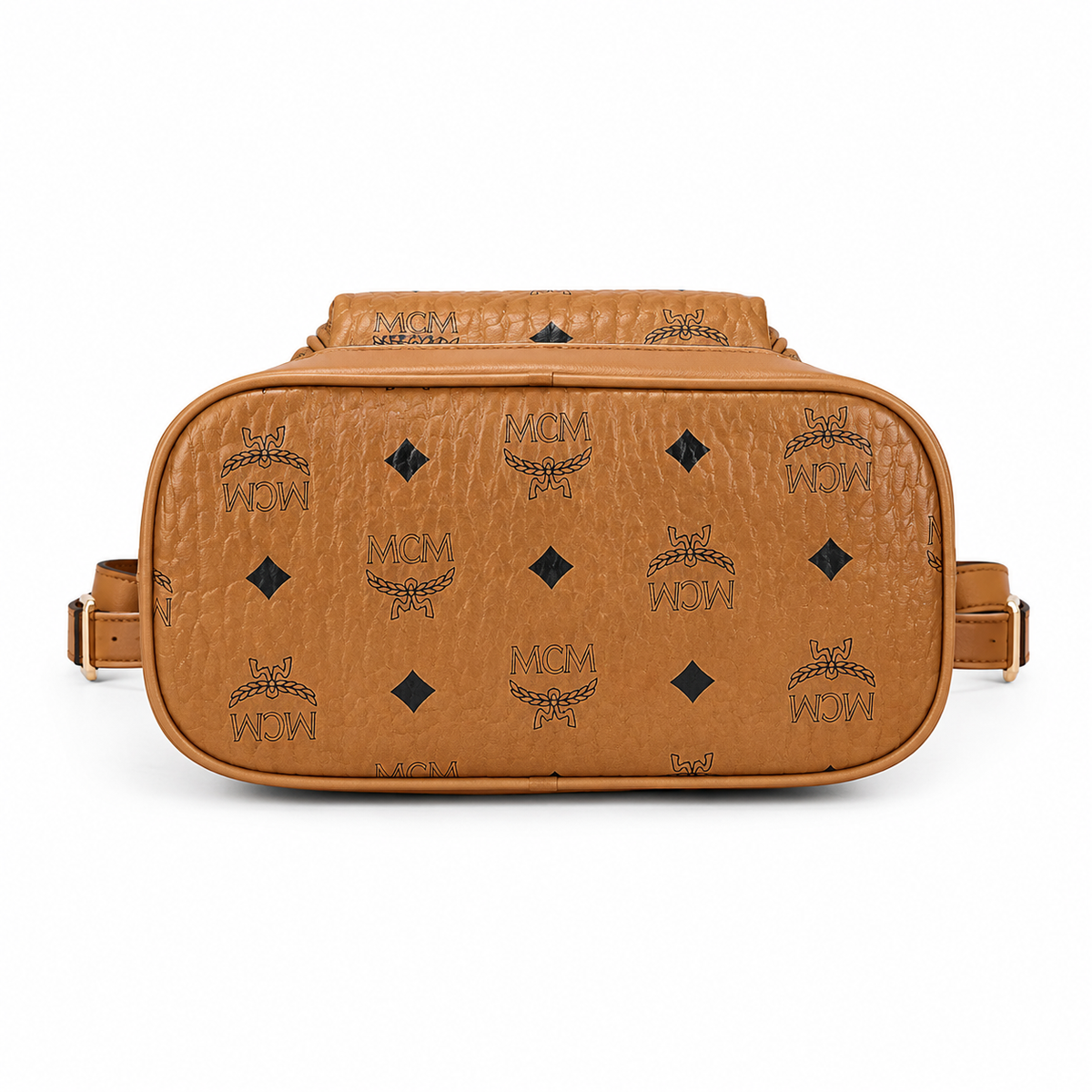 MCM Aren series mini cognac brown monogram canvas bag with flap drawstring and front pocket unisex large-capacity commuter/travel bag
