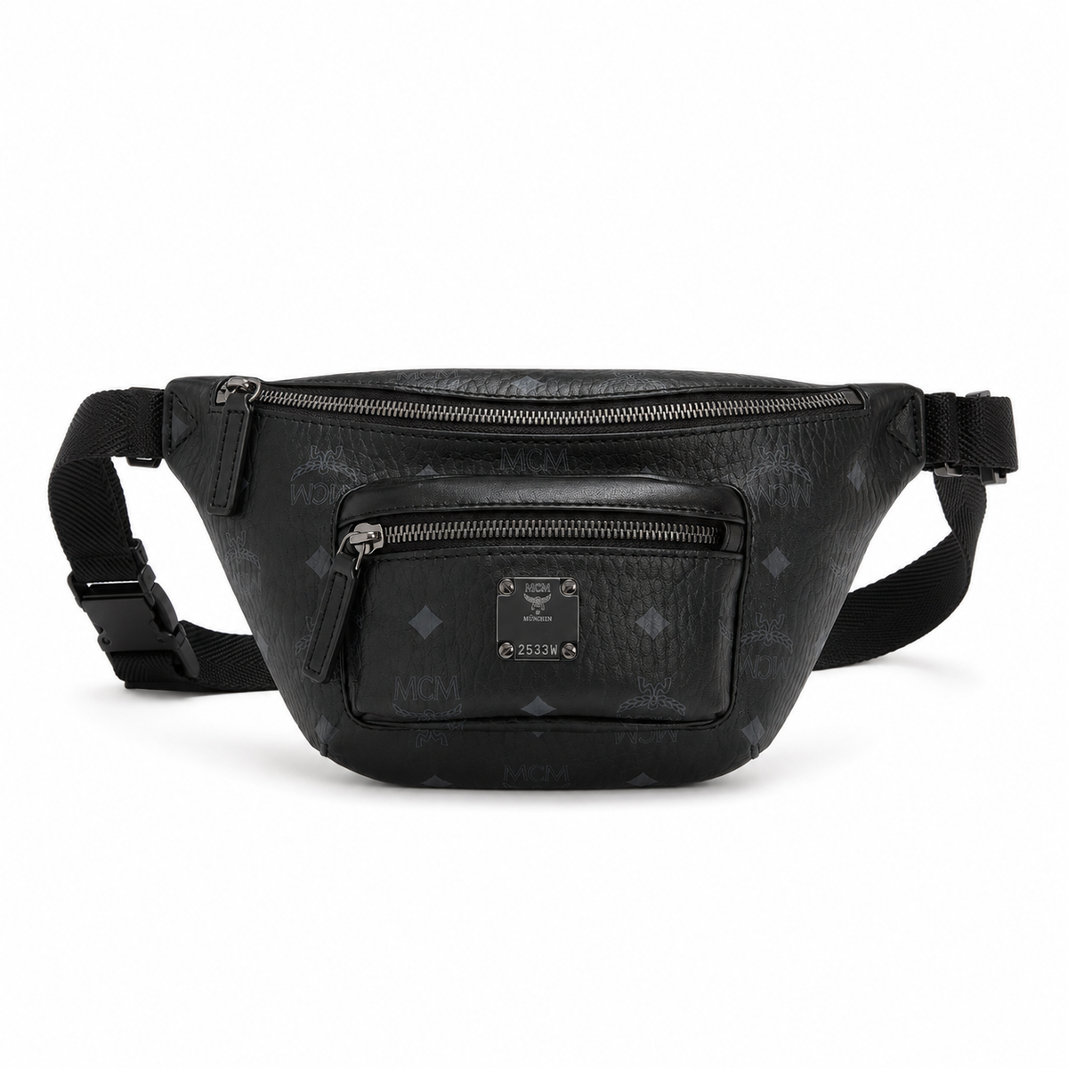 MCM Stark Visetos series black double-zippered chest bag/crossbody bag with adjustable shoulder strap unisex stylish commuter/travel bag