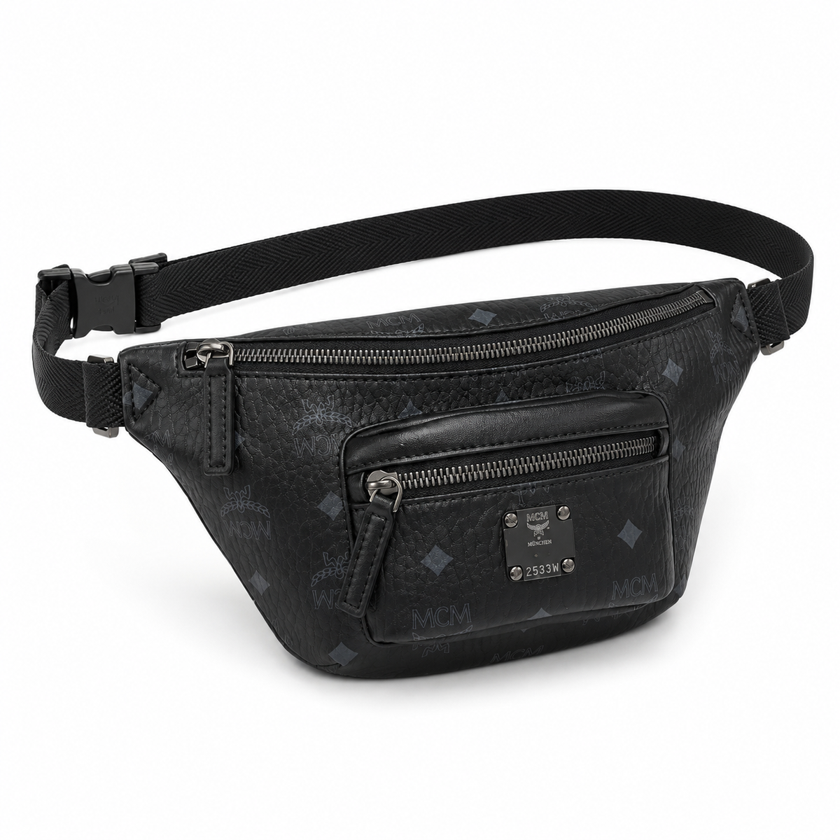 MCM Stark Visetos series black double-zippered chest bag/crossbody bag with adjustable shoulder strap unisex stylish commuter/travel bag