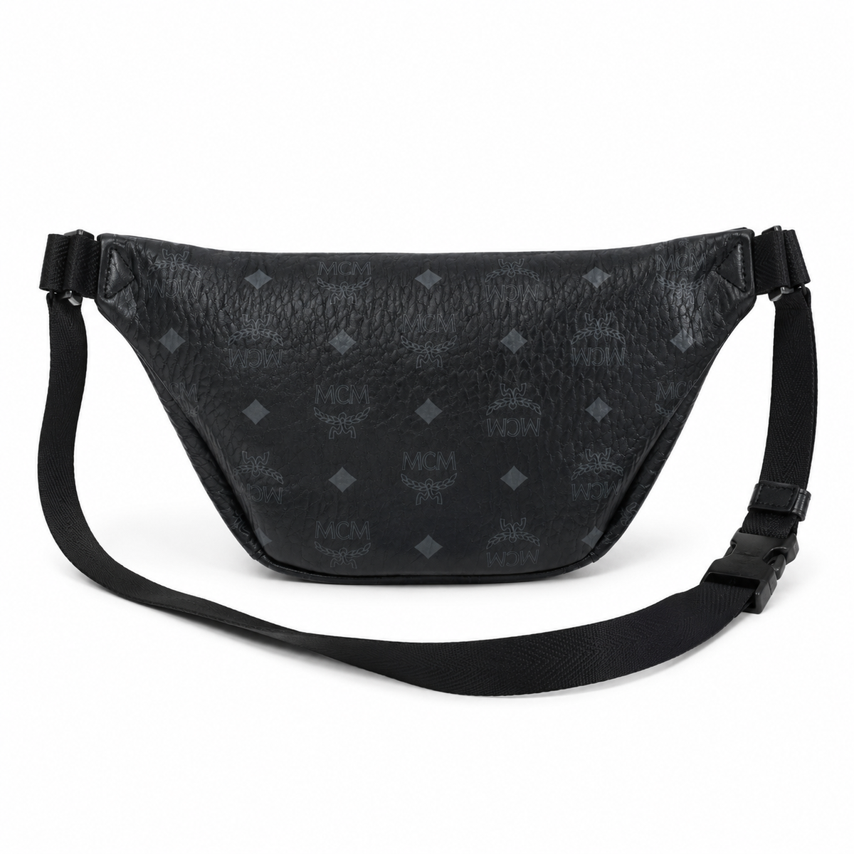 MCM Stark Visetos series black double-zippered chest bag/crossbody bag with adjustable shoulder strap unisex stylish commuter/travel bag