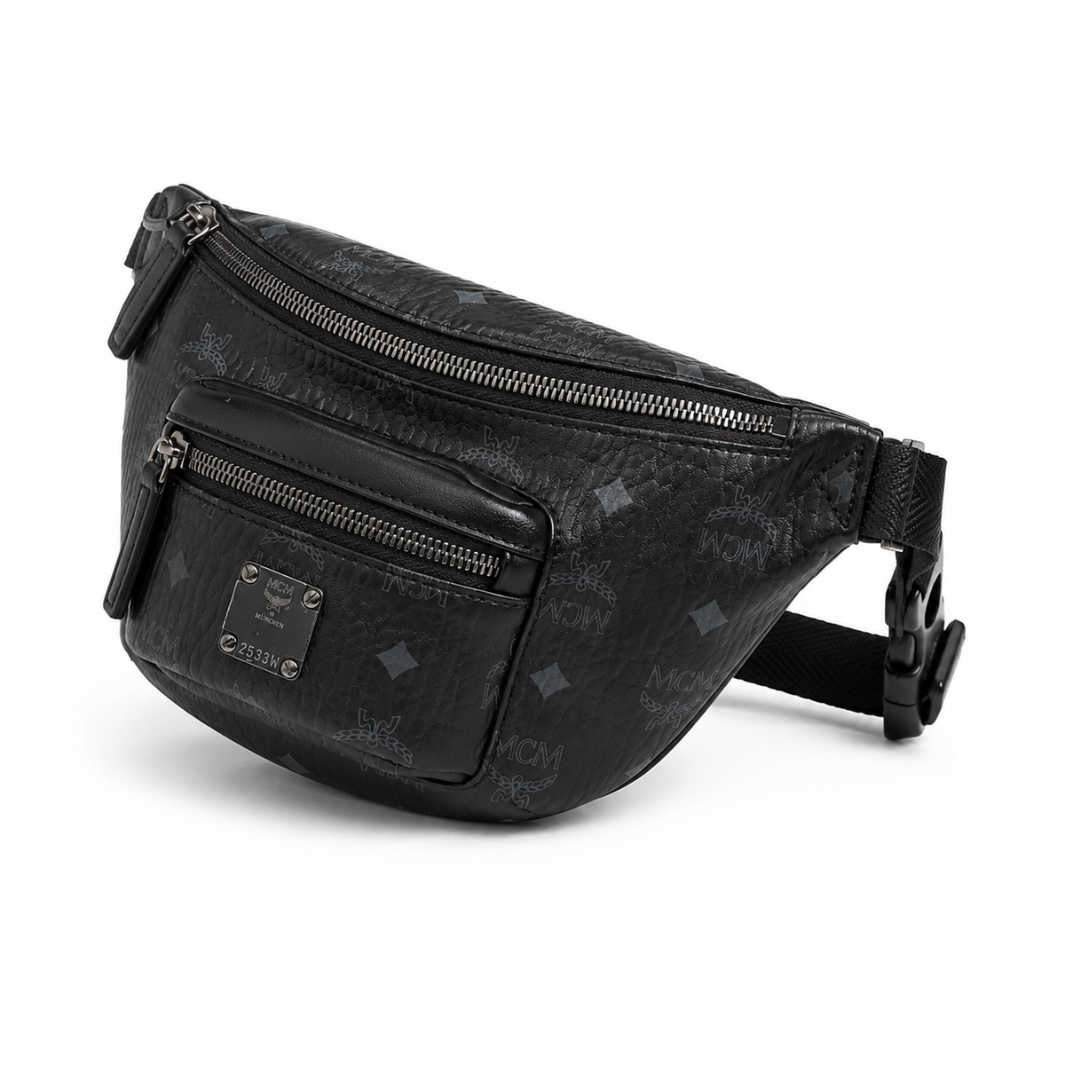 MCM Stark Visetos series black double-zippered chest bag/crossbody bag with adjustable shoulder strap unisex stylish commuter/travel bag