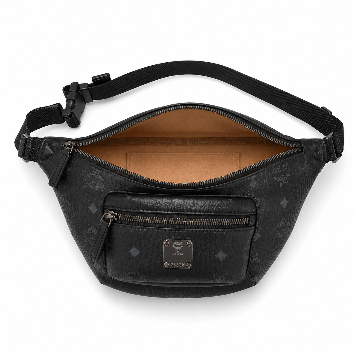 MCM Stark Visetos series black double-zippered chest bag/crossbody bag with adjustable shoulder strap unisex stylish commuter/travel bag