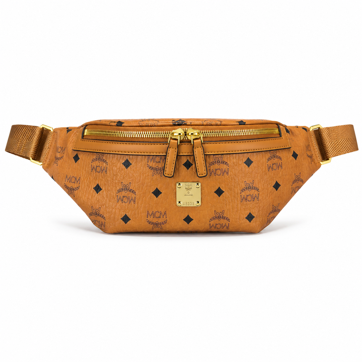 MCM Fursten series Visetos print Cognac brown double zipper bag with adjustable shoulder strap unisex stylish commuter/travel chest bag/crossbody bag