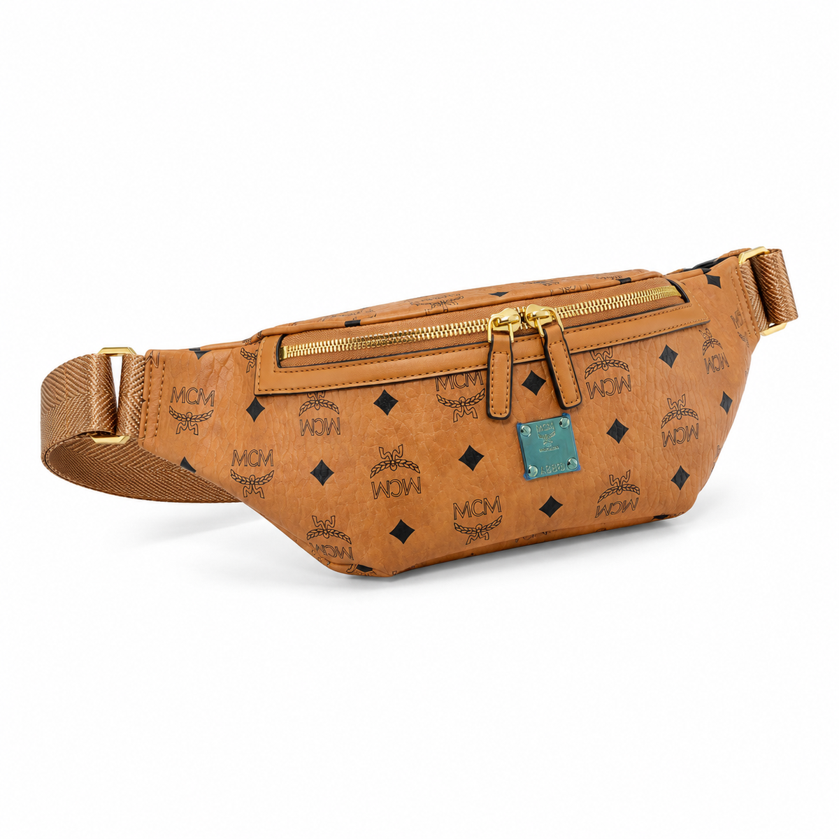 MCM Fursten series Visetos print Cognac brown double zipper bag with adjustable shoulder strap unisex stylish commuter/travel chest bag/crossbody bag