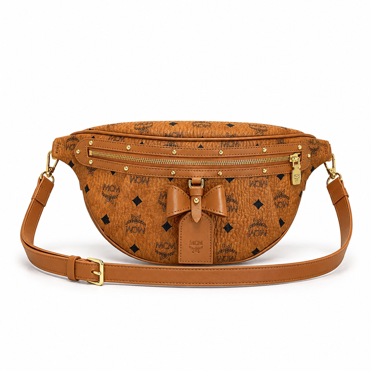 MCM Milano series cognac-colored Visetos print + double zipper + adjustable shoulder strap unisex stylish commuter/travel chest bag/crossbody bag