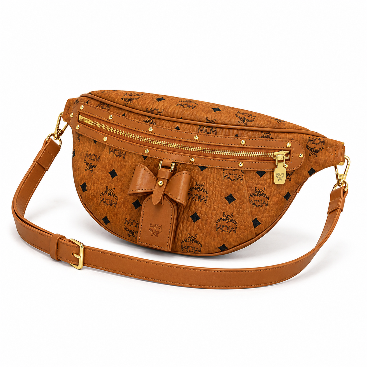 MCM Milano series cognac-colored Visetos print + double zipper + adjustable shoulder strap unisex stylish commuter/travel chest bag/crossbody bag