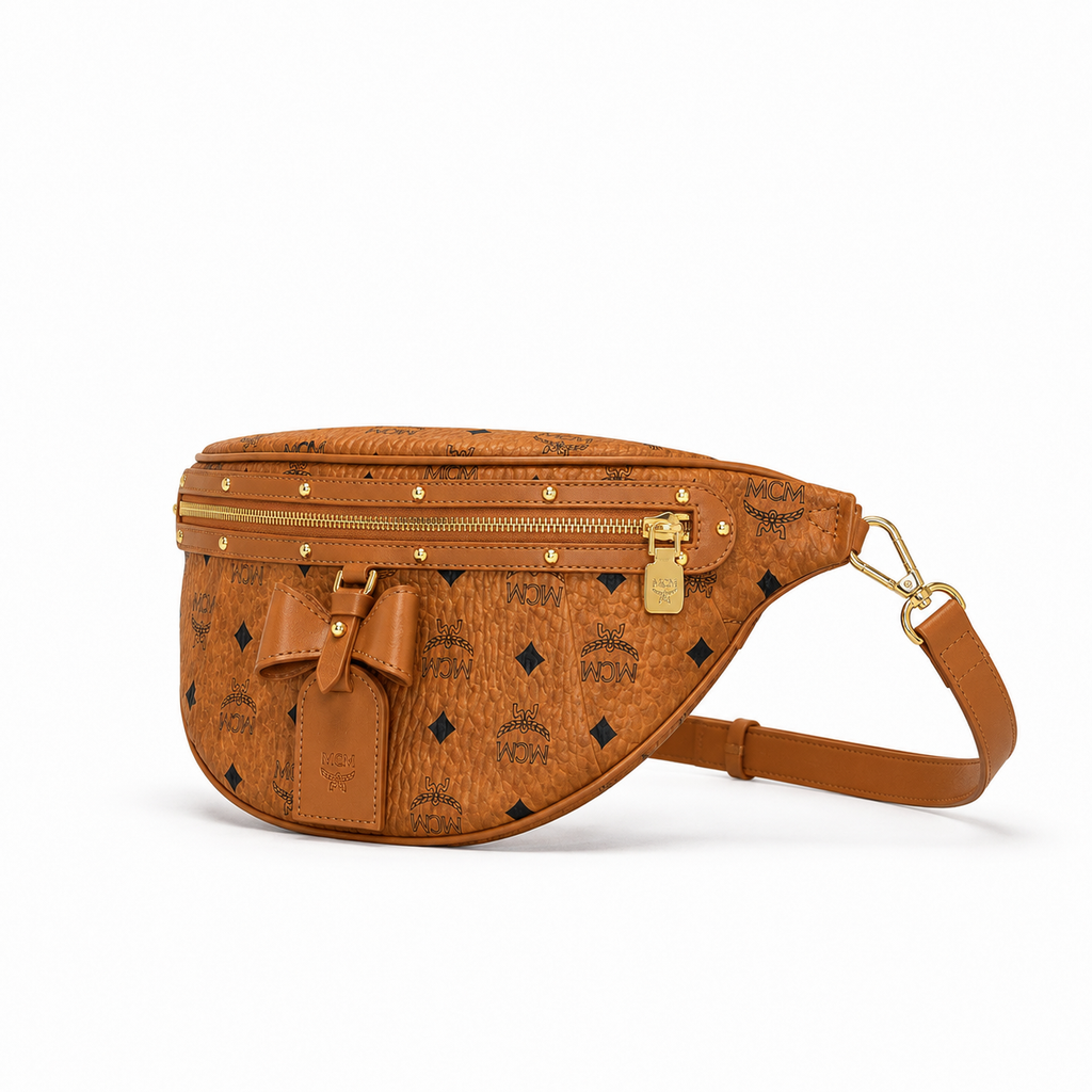 MCM Milano series cognac-colored Visetos print + double zipper + adjustable shoulder strap unisex stylish commuter/travel chest bag/crossbody bag