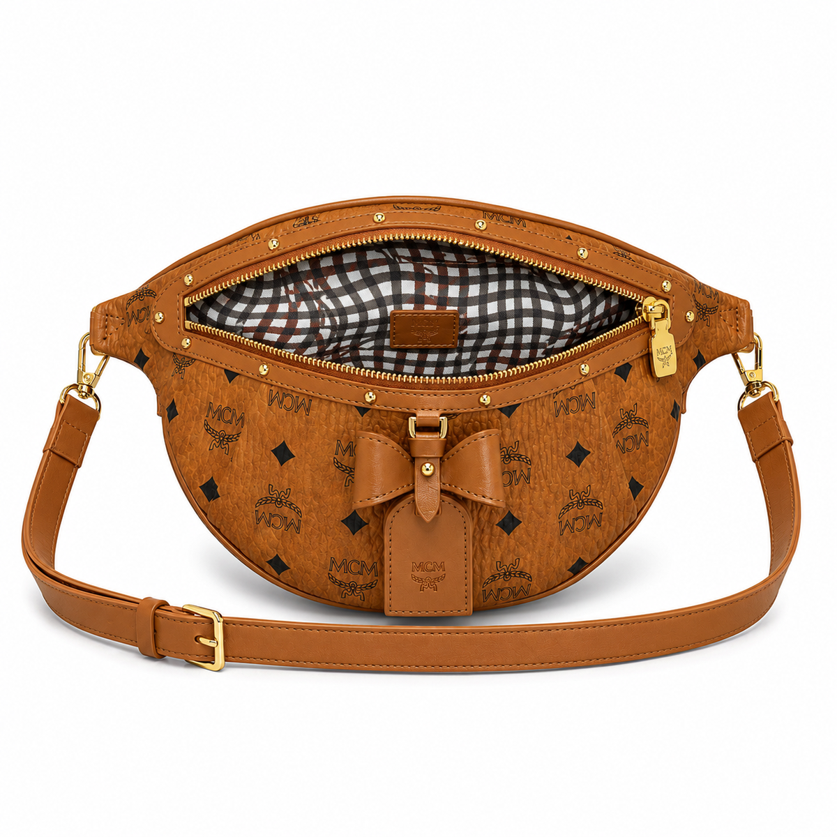 MCM Milano series cognac-colored Visetos print + double zipper + adjustable shoulder strap unisex stylish commuter/travel chest bag/crossbody bag