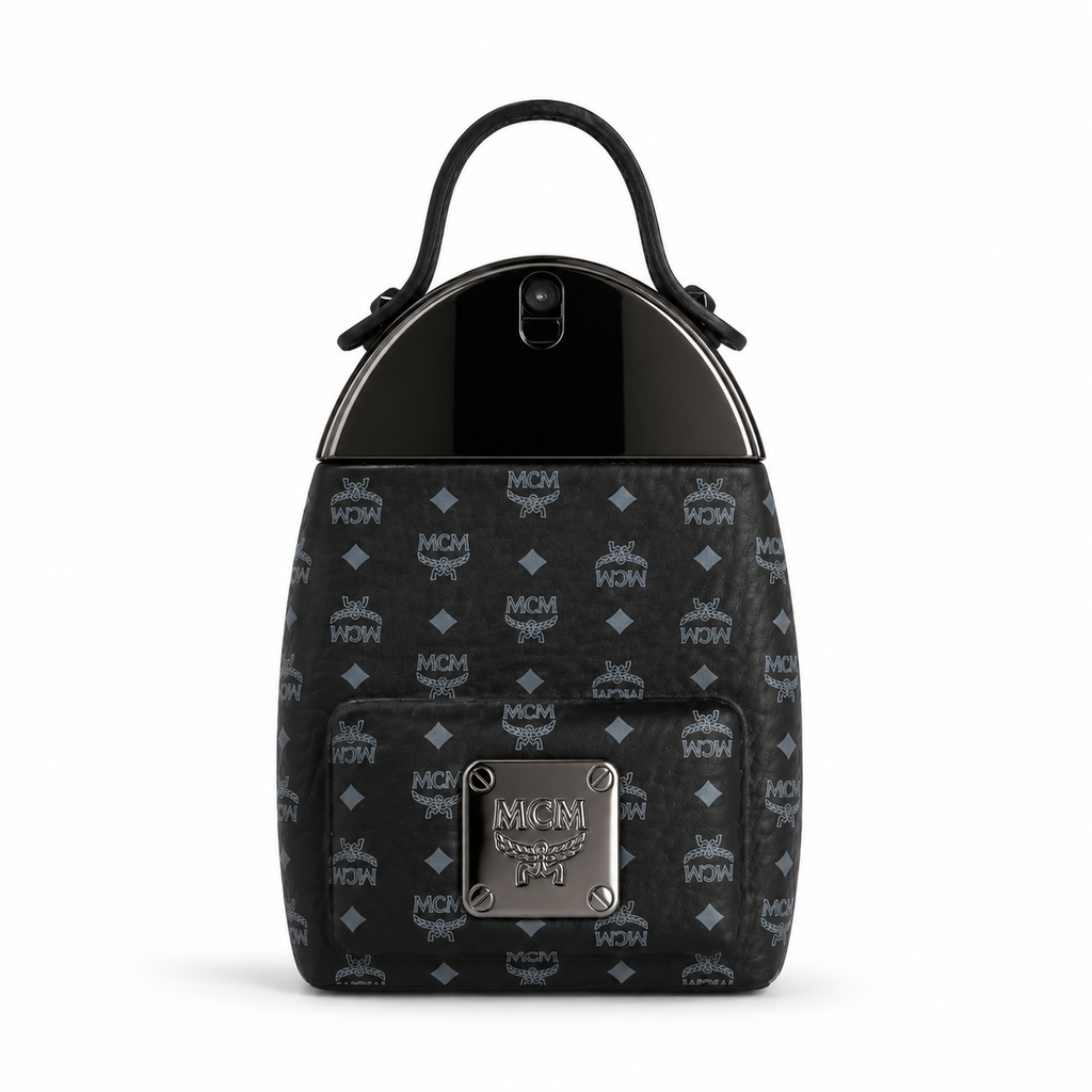 MCM ONYX Black Onyx Eau de Parfum for Men features a Stark backpack design black Visetos print and gunmetal nameplate A rich woody fragrance suitable for both gifting and personal enjoyment