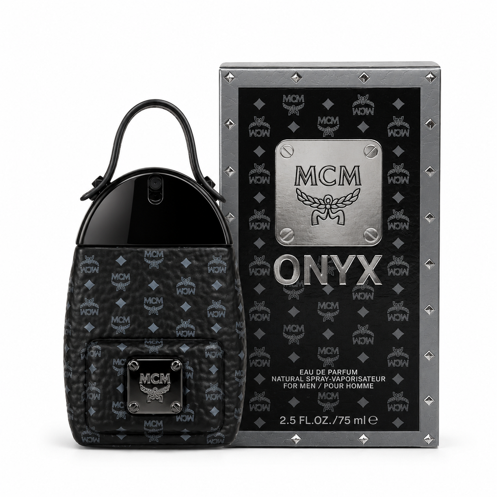 MCM ONYX Black Onyx Eau de Parfum for Men features a Stark backpack design black Visetos print and gunmetal nameplate A rich woody fragrance suitable for both gifting and personal enjoyment