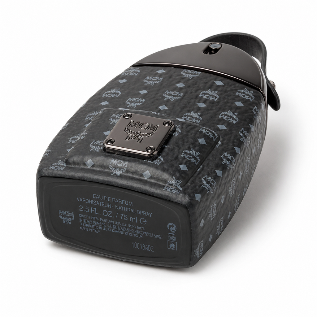 MCM ONYX Black Onyx Eau de Parfum for Men features a Stark backpack design black Visetos print and gunmetal nameplate A rich woody fragrance suitable for both gifting and personal enjoyment