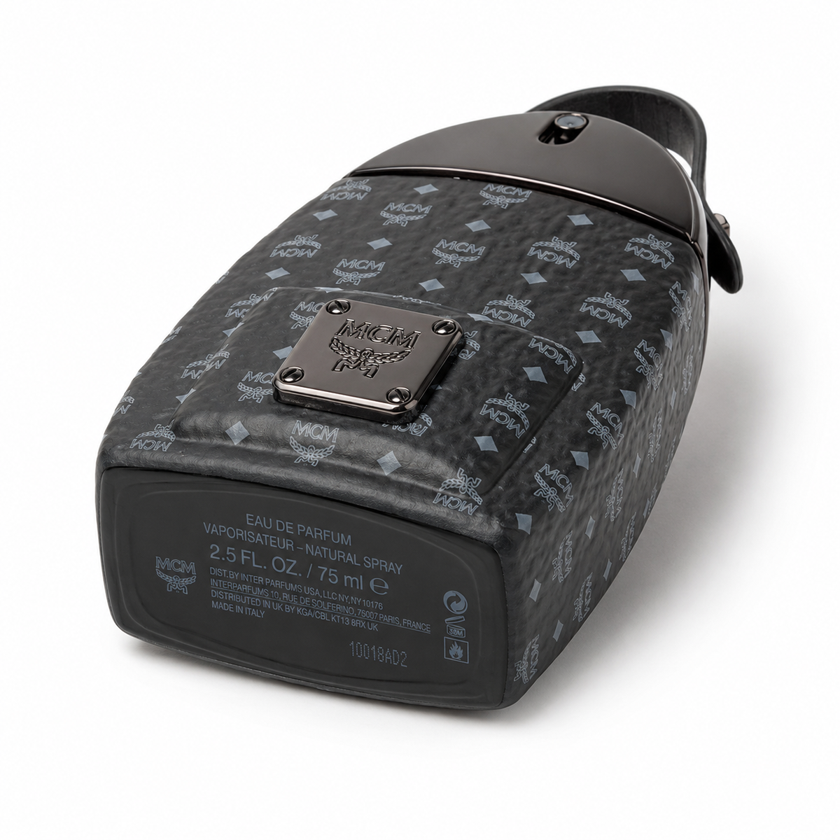 MCM ONYX Black Onyx Eau de Parfum for Men features a Stark backpack design black Visetos print and gunmetal nameplate A rich woody fragrance suitable for both gifting and personal enjoyment