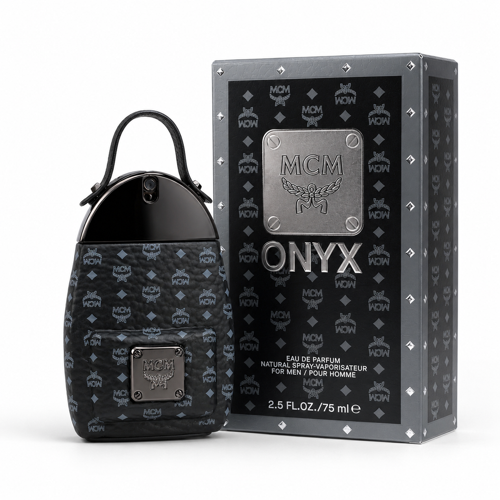 MCM ONYX Black Onyx Eau de Parfum for Men features a Stark backpack design black Visetos print and gunmetal nameplate A rich woody fragrance suitable for both gifting and personal enjoyment