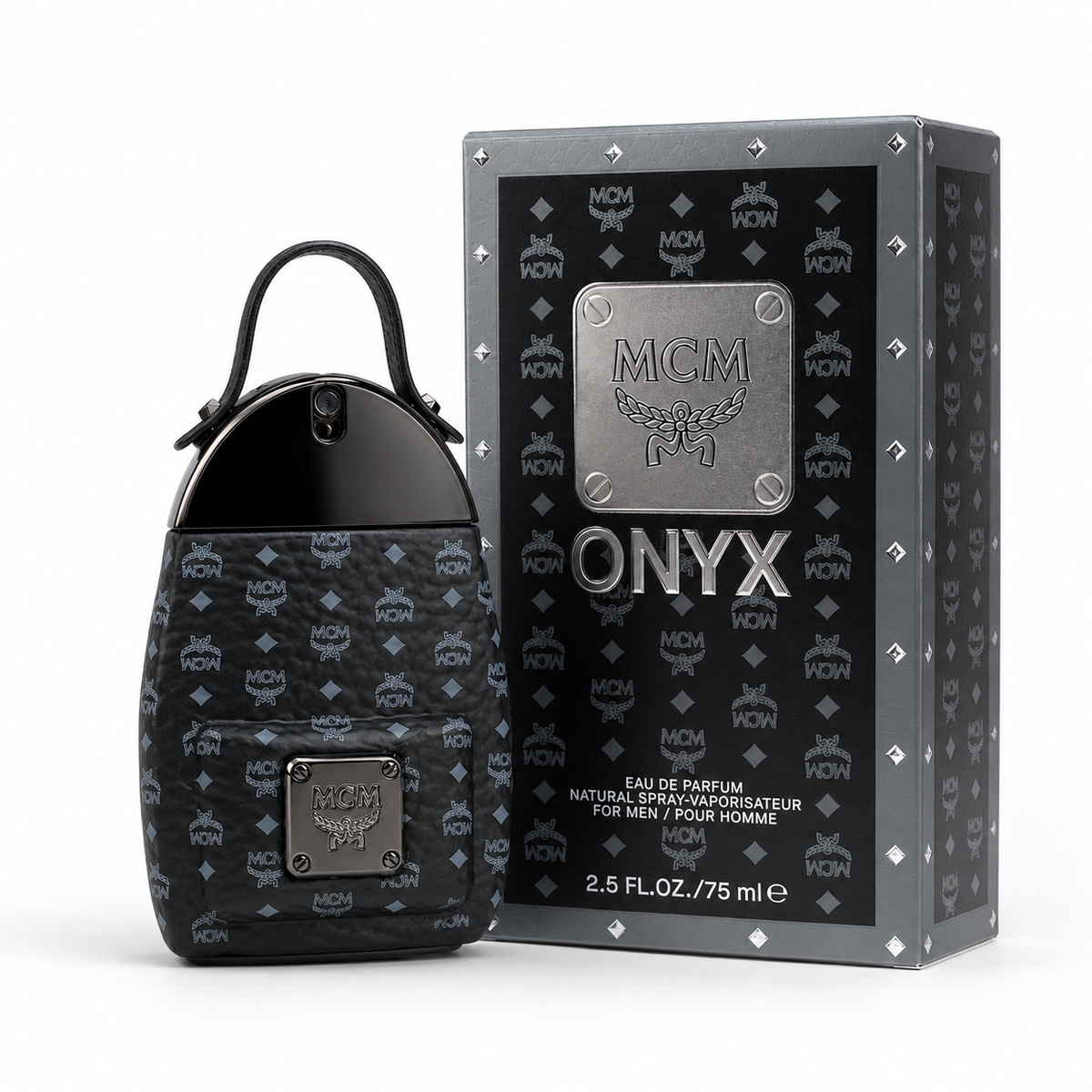 MCM ONYX Black Onyx Eau de Parfum for Men features a Stark backpack design black Visetos print and gunmetal nameplate A rich woody fragrance suitable for both gifting and personal enjoyment