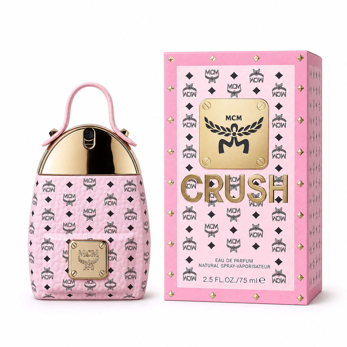MCM Crush Eau de Parfum 75ml | Pink Stark backpack design with Visetos print a floral fruity  and woody fragrance for women suitable for gifting or personal enjoyment