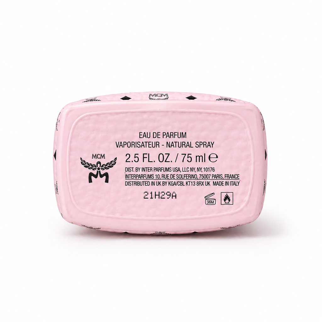 MCM Crush Eau de Parfum 75ml | Pink Stark backpack design with Visetos print a floral fruity  and woody fragrance for women suitable for gifting or personal enjoyment