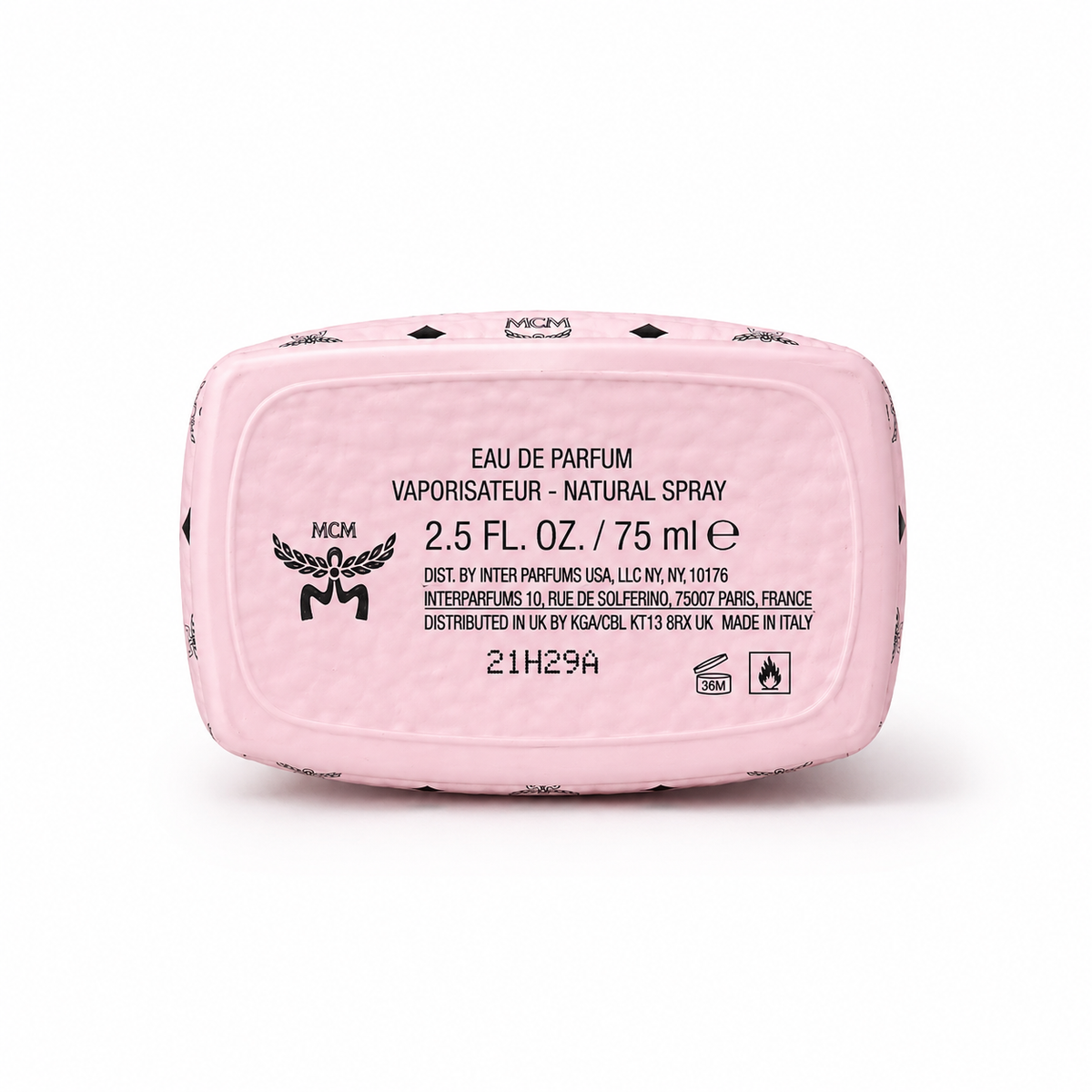 MCM Crush Eau de Parfum 75ml | Pink Stark backpack design with Visetos print a floral fruity  and woody fragrance for women suitable for gifting or personal enjoyment