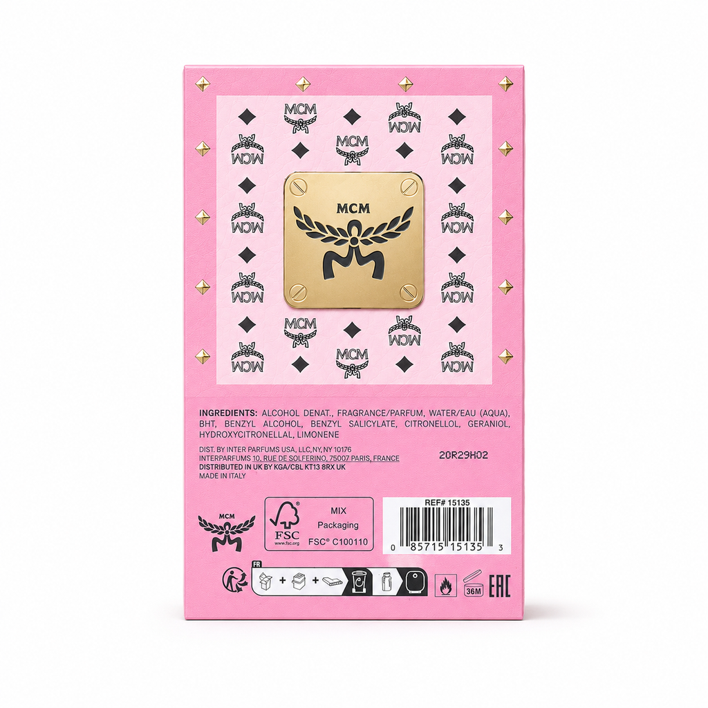 MCM Crush Eau de Parfum 75ml | Pink Stark backpack design with Visetos print a floral fruity  and woody fragrance for women suitable for gifting or personal enjoyment