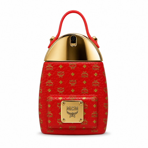 MCM 2022 Limited Edition Red Backpack with auspicious red Visetos print and leather handles It features a woody floral-fruity fragrance making it suitable as a holiday gift or a collectible item